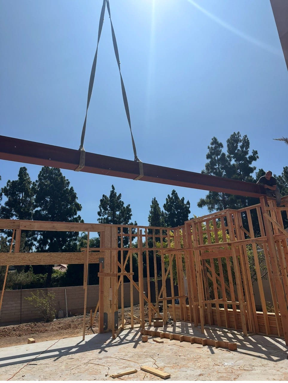 Long-span steel beam crane-set across the great room.