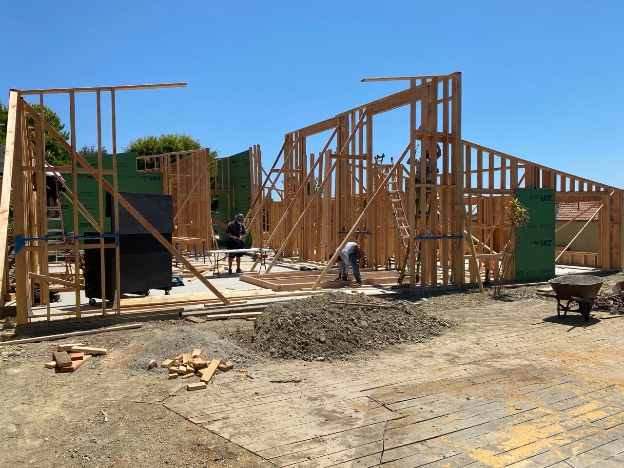 Active wall framing with shoring and braces.